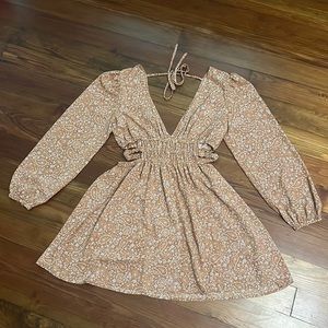 Tan long sleeve mini dress with cut outs (M)
